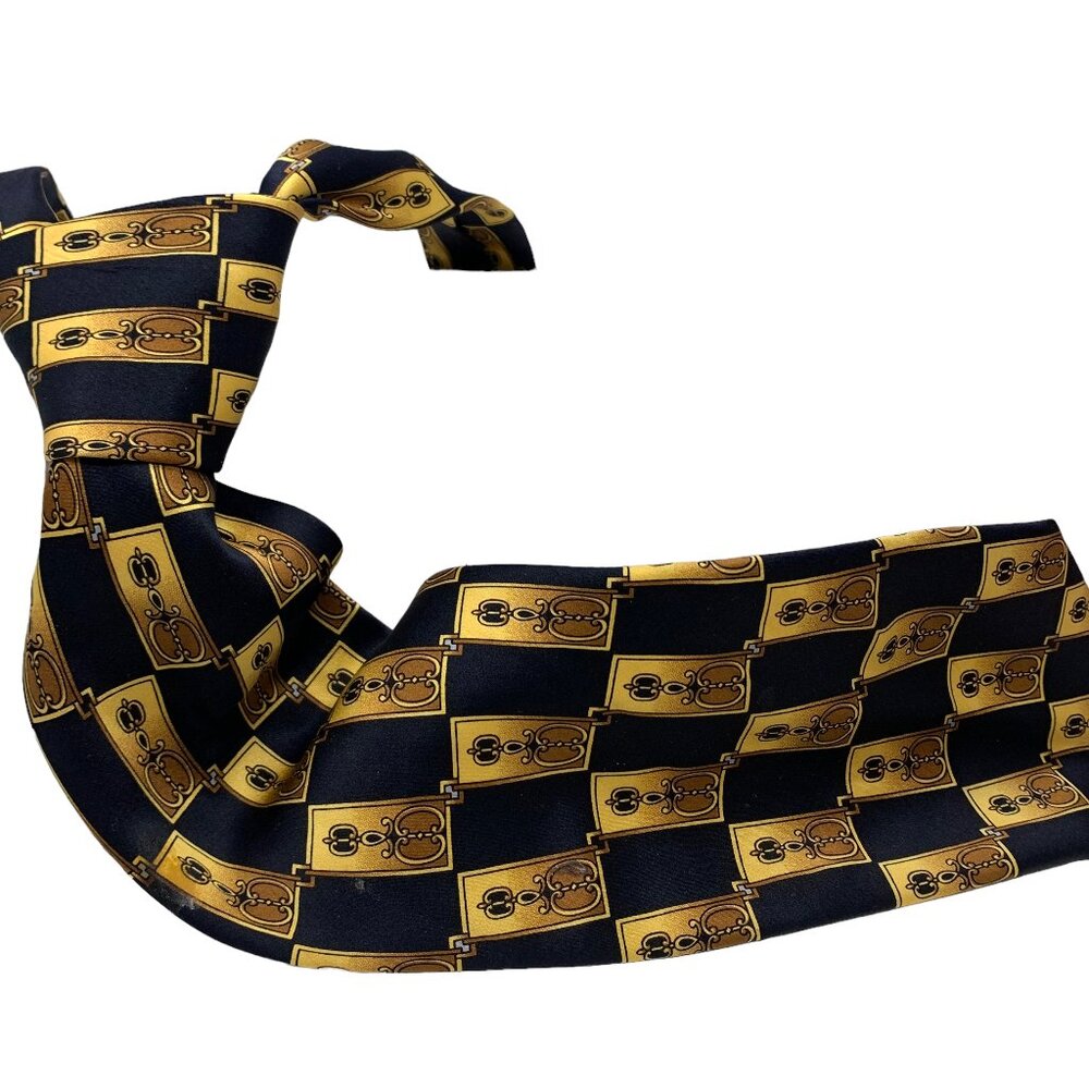 Bergamo New York 100% Silk Black with Gold Rectangle Print Handmade Neck Tie